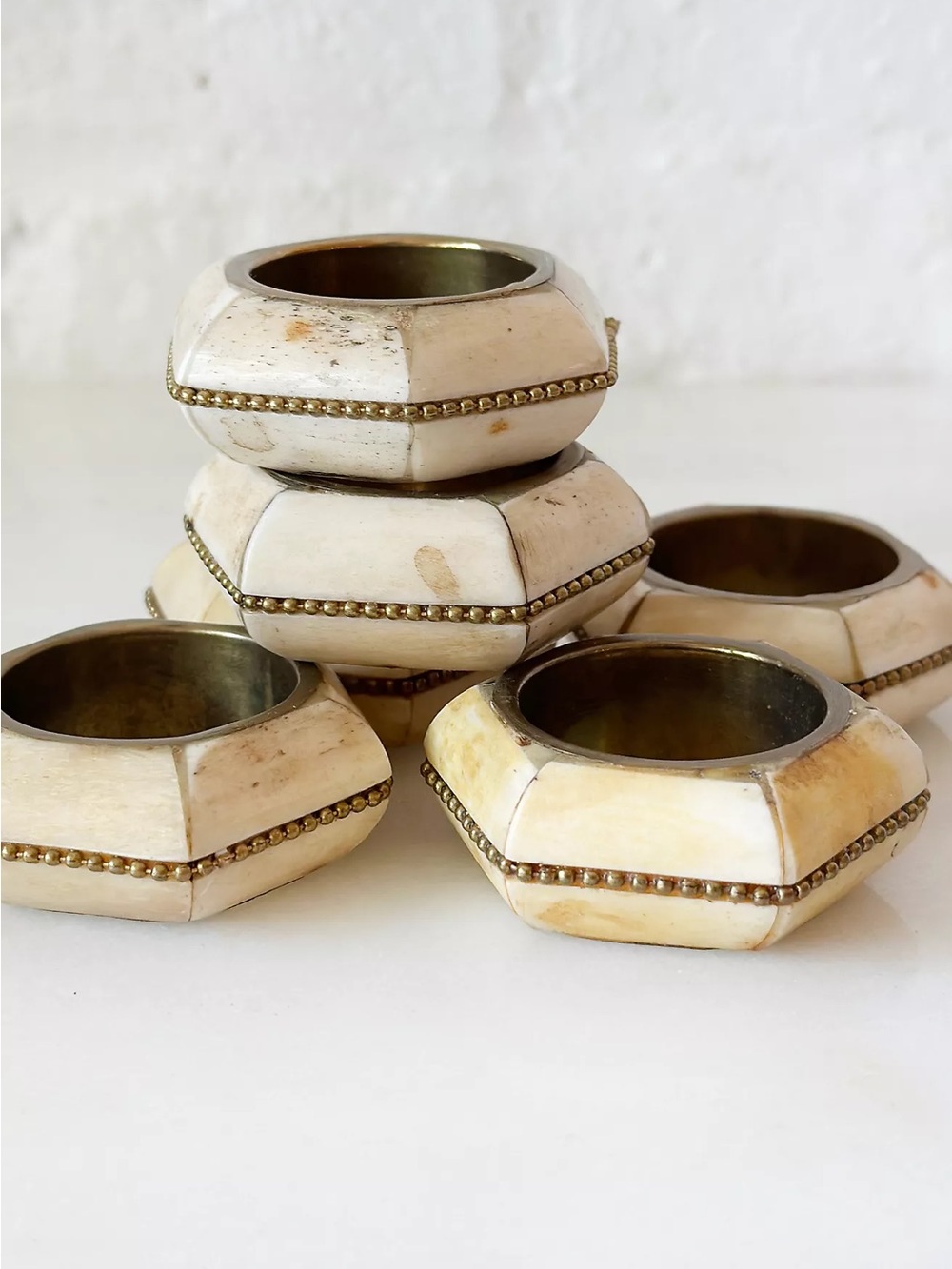 Vintage Handmade 1940’s Cream Bone Napkin Rings w Solid Brass Trim (Set of 12)
